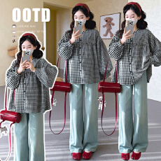 批发现现实拍 <b class='q'>春</b>季新款韩版圆领格子宽松孕妇上衣