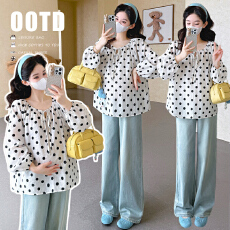 批发实拍 春季新款圆领遮肚显瘦圆点娃娃衫孕妇上衣