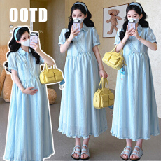 批发现实拍 夏季新款娃娃领条纹宽松<b class='q'>孕妇</b><b class='q'>中长款</b>连衣裙