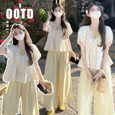 批发夏季新款韩版波点泡泡袖娃娃衫上衣+阔腿裤<b class='q'>孕妇</b><b class='q'>套装</b>两件套