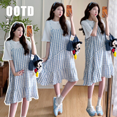 批发实拍 <b class='q'>夏</b>季新款韩系甜美蓝色格子背带裙减龄孕妇套装两件套