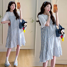 批发实拍 <b class='q'>夏</b>季新款韩系甜美蓝色格子背带裙减龄孕妇套装两件套