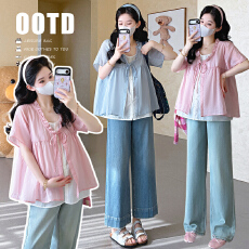 批发实拍 <b class='q'>夏</b>季新款韩系甜美花边领系带宽松娃娃衫假两件孕妇上衣