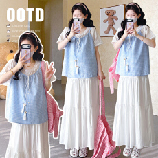 批发实拍 夏季<b class='q'>新款</b>韩系洋气娃娃衫拼接假两件上衣+<b class='q'>半身裙</b>孕妇套装