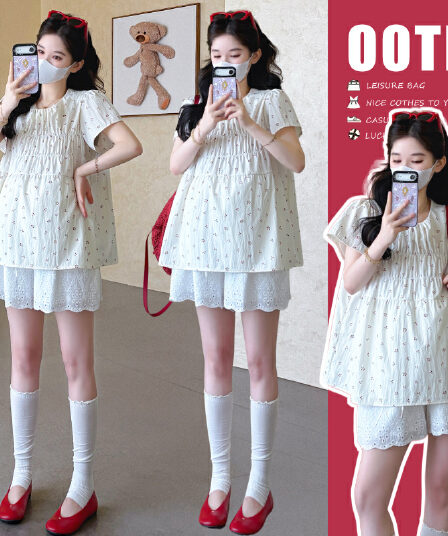 지금 실사 여름 새로운 한 부서 달콤함 꽃무늬 인형 셔츠 루즈핏 임산부 맨위 반바지 임산부 세트