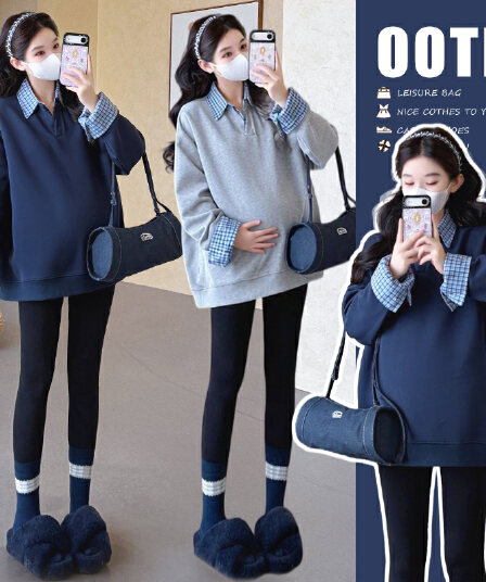 지금 실사 가을 새로운 한 부서 루즈핏 표지 배 패치워크 페이크 레이어드 다용도 임산부 후드티