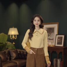 批发出货中 流动光芒 秋冬港风复古磨毛条纹拼色T恤翻领打底衫 官图