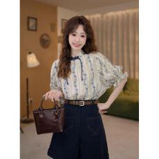 批发出货中 景泰蓝瓷 复古港风短袖2026夏季宽松女<b class='q'>衬衫</b>百搭上衣