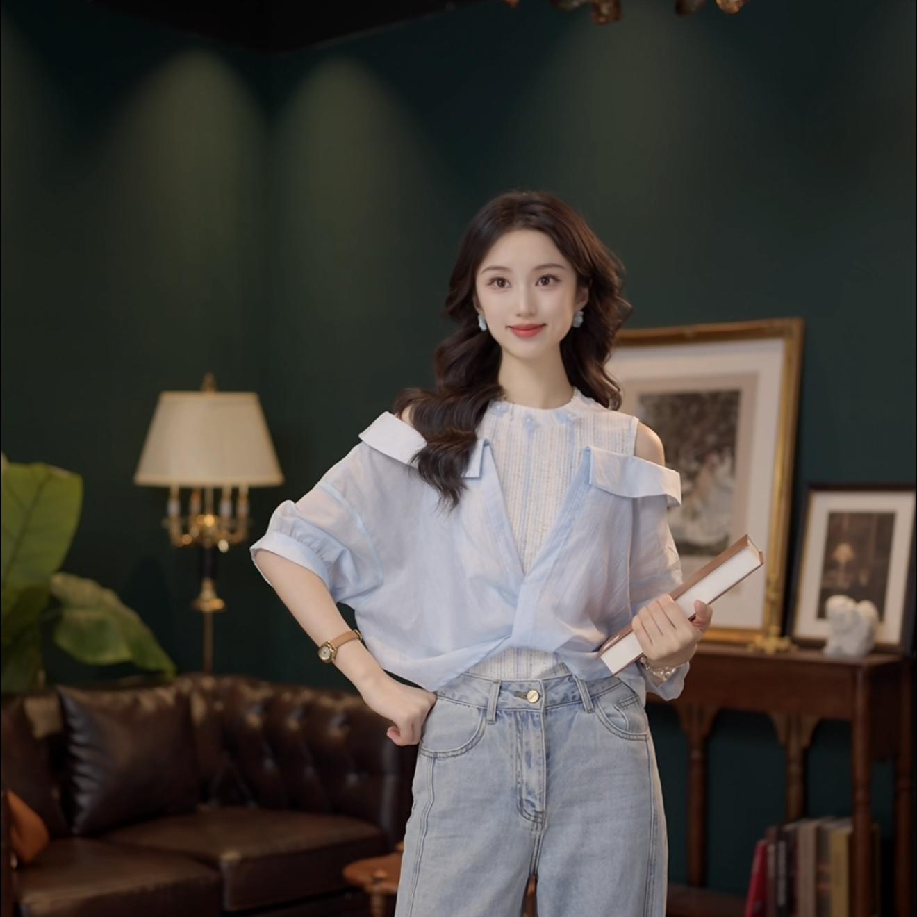 있음 선적 웨이브 비 2026 여름 페이크 레이어드 오프숄더 티셔츠 새로운 품격 회사원 다용도 여성 의류