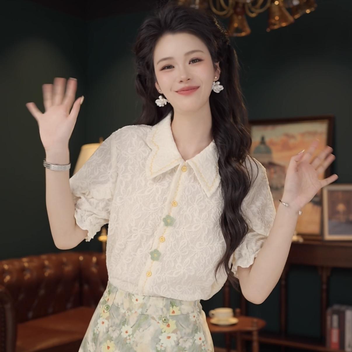 있음 선적 배꽃 달콤한 튜브 부드러운 셔츠 캐주얼 다용도 반팔 여성 셔츠 2026 여름 맨위