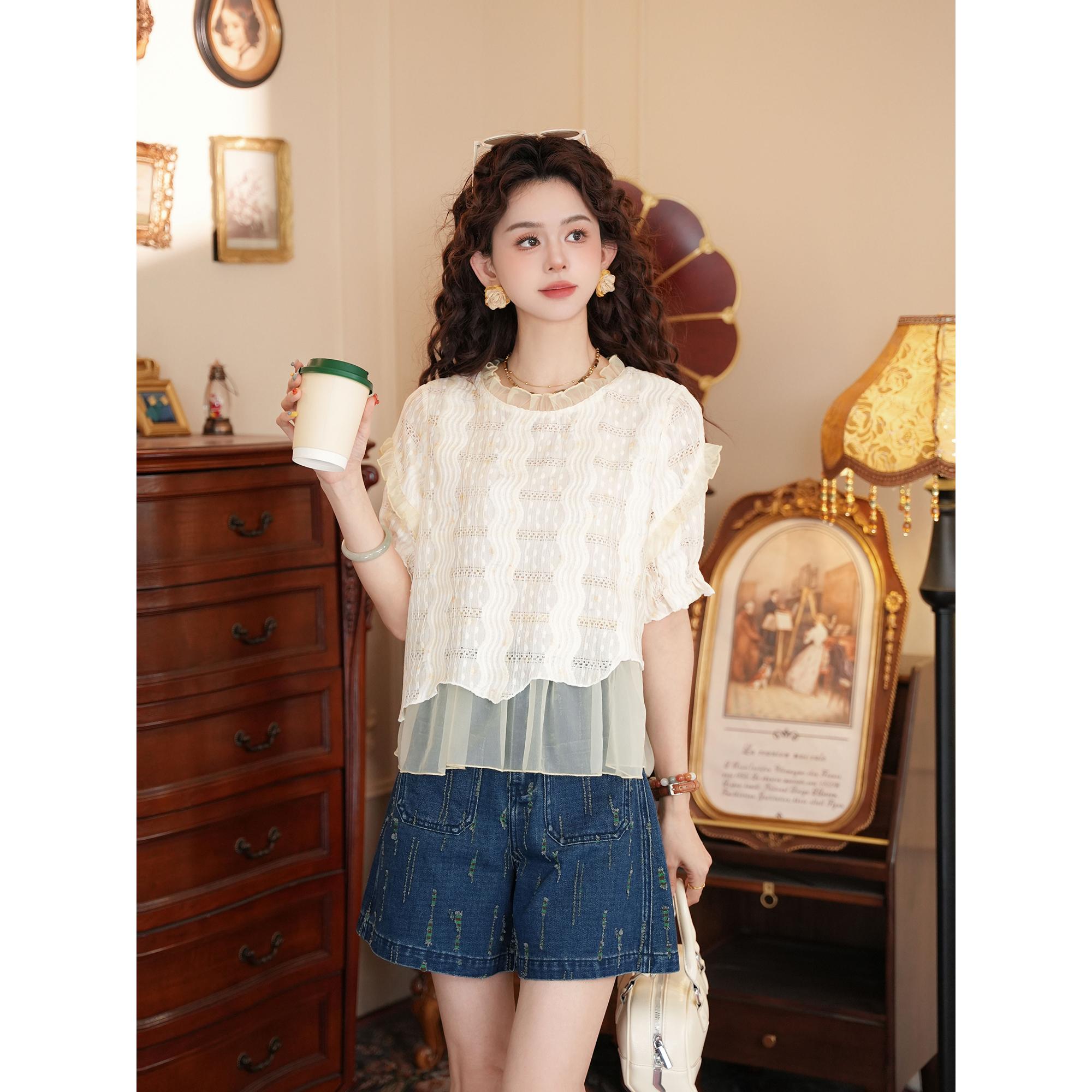 선적 중 쌀 망 도루 이슬 레트로 패치워크 레이스 여름 셔츠 다용도 슬림해 보이는 셔츠