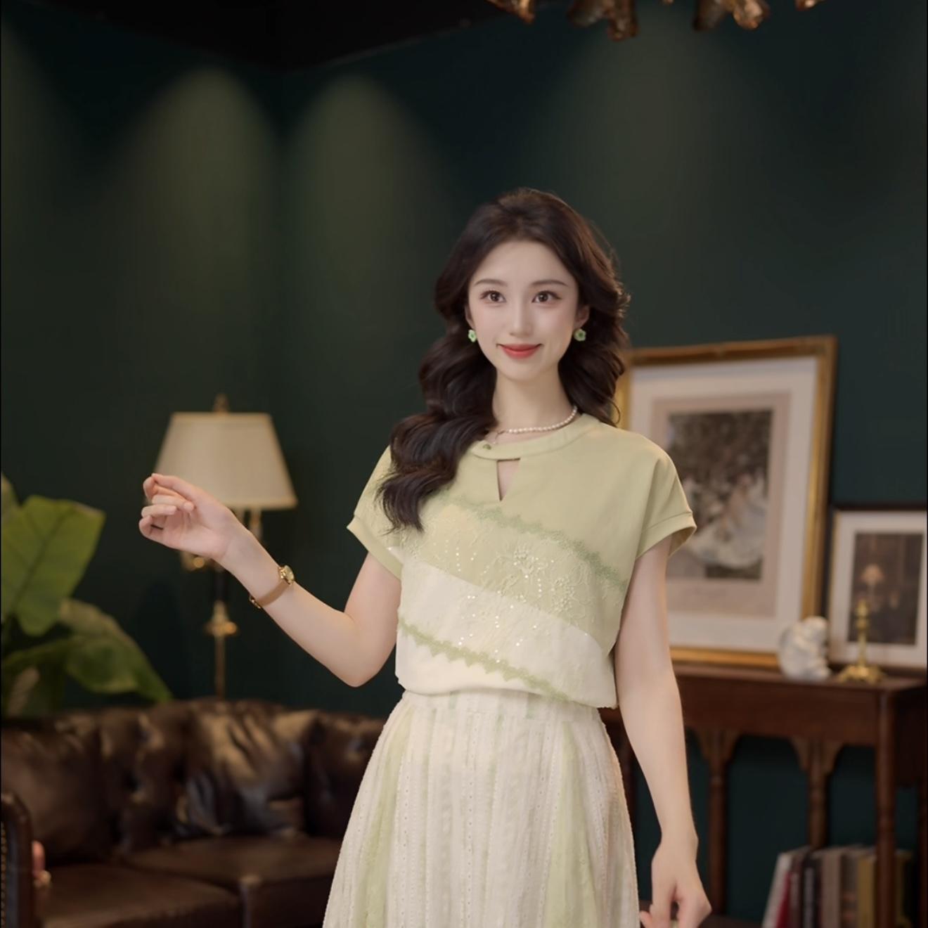 선적 중 작은 녹색 꽃 부드러운 셔츠 캐주얼 다용도 반팔 여성 셔츠 여름 맨위