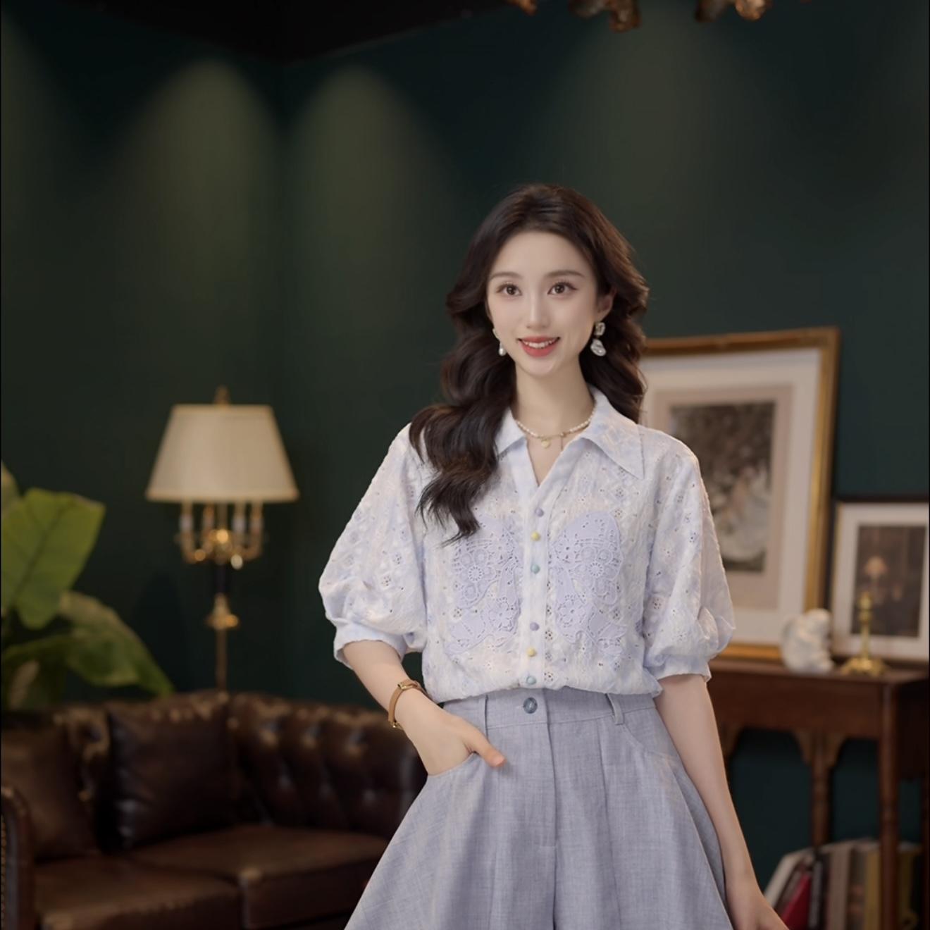 선적 중 블루 후아 엘프 부드러운 셔츠 캐주얼 다용도 반팔 여성 셔츠 여름 맨위
