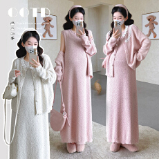 批发实拍新款2025秋冬蕾丝花边两件套长款孕妇连衣裙