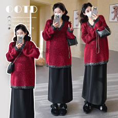 实拍2025冬季v领宽松套头上衣+半身裙两件套