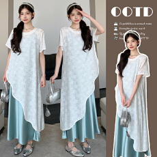 批发实拍现2026夏季新款<b class='q'>时尚</b>国风防晒短袖不规则蕾丝罩衫吊带裙两件套