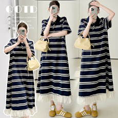 批发现2026夏季经典条纹长款大码连衣裙