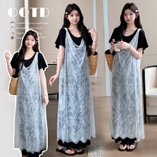 批发实拍现2026夏季新款设计感蕾丝两件套大码短袖连衣裙