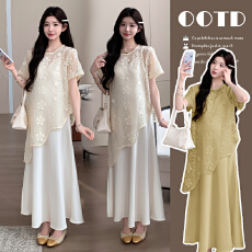 批发实拍现2026<b class='q'>夏</b>季不规则蕾丝上衣吊带连衣裙短袖套装