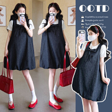 实拍现2026夏季韩系牛仔波点印花花苞背心裙辣妈短袖套装