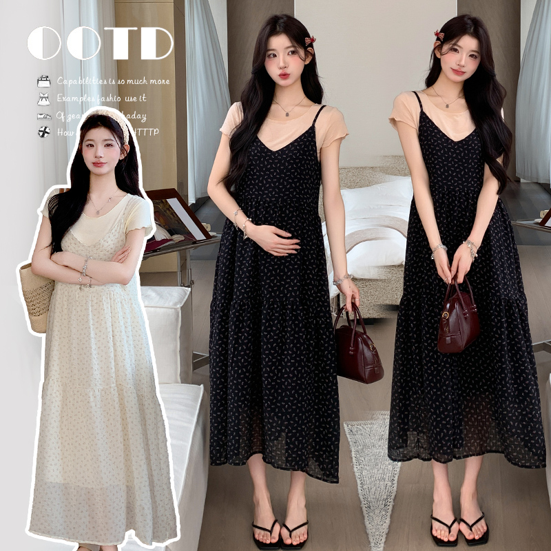 실사 지금 2026 여름 신제품 질감 센스 꽃무늬 드레스 슬립 투피스 드레스 세트