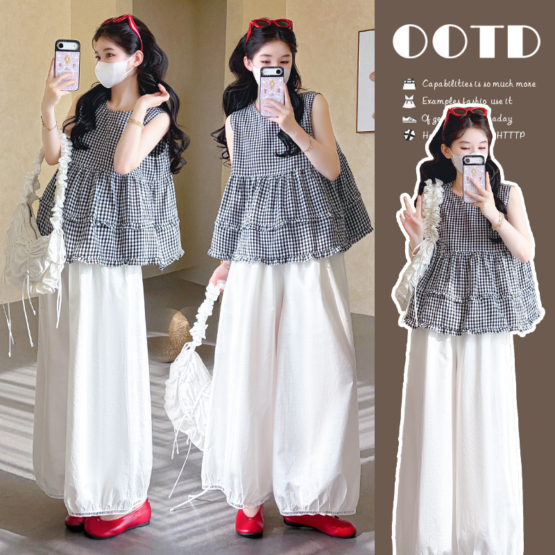 실사 지금 2026 여름 신제품 한 부서 체크무늬 맨위 와이드 레그 팬츠 반팔 세트