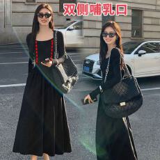 批发优质现货<b class='q'>春</b>秋冬法式长袖赫本风黑色中长款哺乳外出连衣裙打底裙