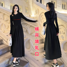 批发2025<b class='q'>秋</b>季长袖镂空黑色哺乳连衣裙设计感收腰显瘦辣妈气质内搭长裙