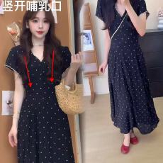 2026夏季法式黑色波点连衣裙新款V领收腰显瘦气质长款哺乳衣长裙