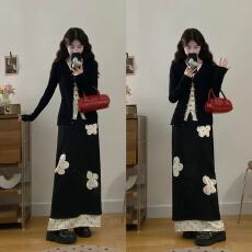 批发实拍穿搭一整套大码胖mm针织开衫波点拼接半身裙韩系洋气减龄套装