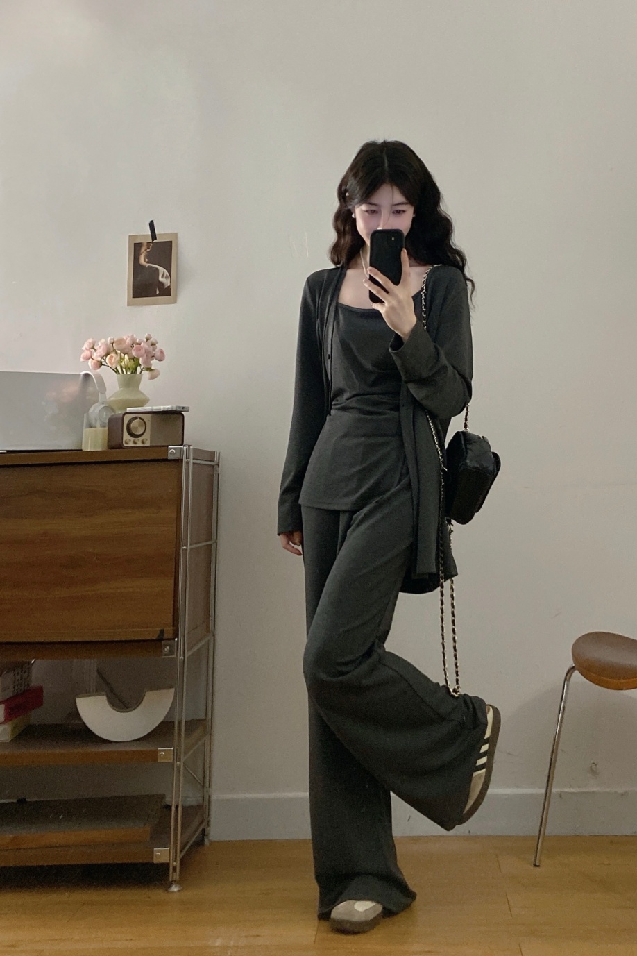 오픈 가디건 슬립 와이드 레그 팬츠 세 조각 여성 세트 봄 여름 몸매 가꾸기 슬림해 보이는 경기 긴 바지 타이트 순수한 욕망 핫걸