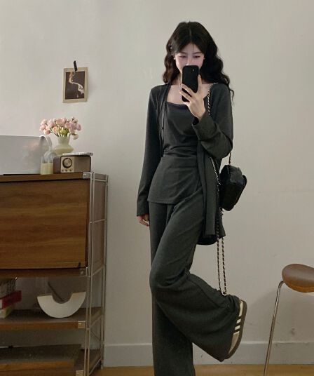 오픈 가디건 슬립 와이드 레그 팬츠 세 조각 여성 세트 봄 여름 몸매 가꾸기 슬림해 보이는 경기 긴 바지 타이트 순수한 욕망 핫걸
