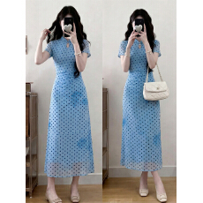 批发新款大码女装显瘦复古旗袍波点连衣裙