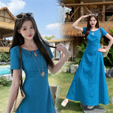 批发实拍绝美蓝色连衣裙女夏季微胖显瘦裙子大码长裙