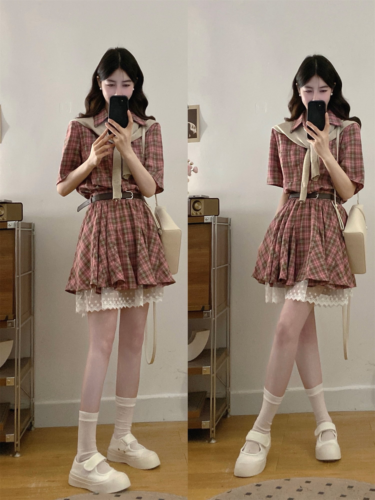 실사 새로운 프랑스식 품격 체크무늬 셔츠 드레스 아이들 여름 한 부서 학원 스타일 허리 수축 미니 스커트