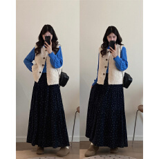 批发韩系蓝色内搭毛衣女秋冬打底针织衫上衣叠穿马甲外套套装