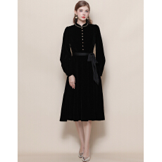 批发实拍立领收腰气质复古黑色蝴蝶结系带丝绒<b class='q'>连衣裙</b>女