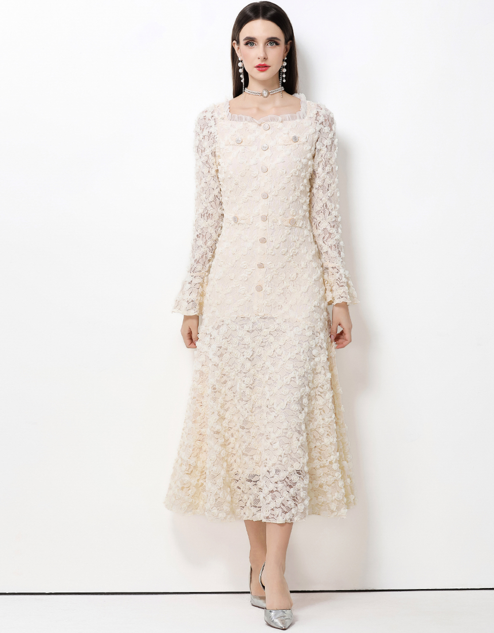 MY15419# 法式轻奢小香风蕾丝重工立体花朵喇叭袖大摆连衣裙女女裝貨源...