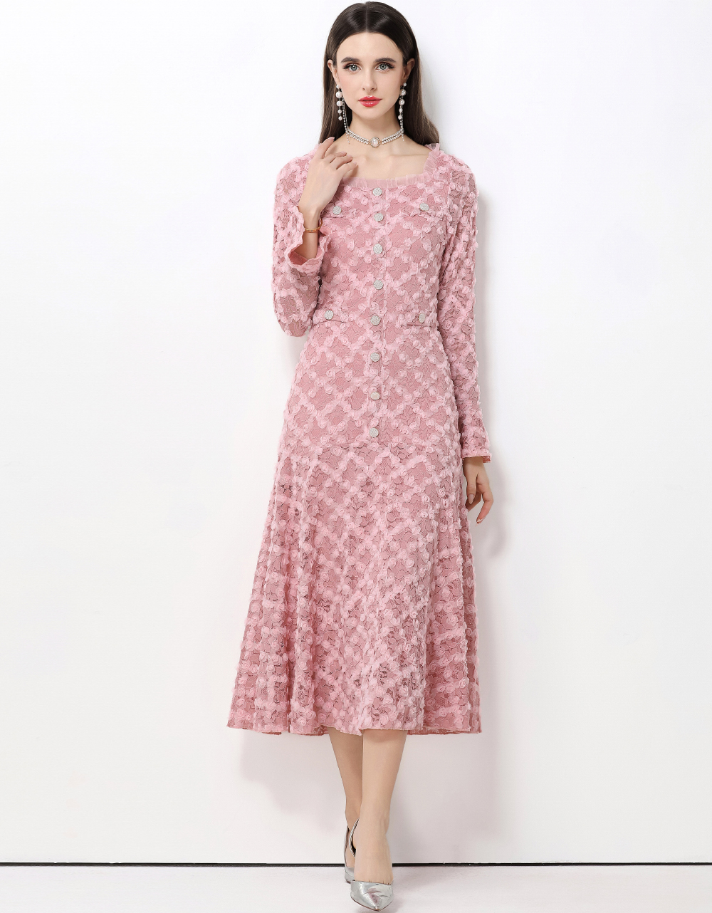 MY15418# 法式轻奢小香风蕾丝重工立体花朵喇叭袖大摆连衣裙女女裝貨源...