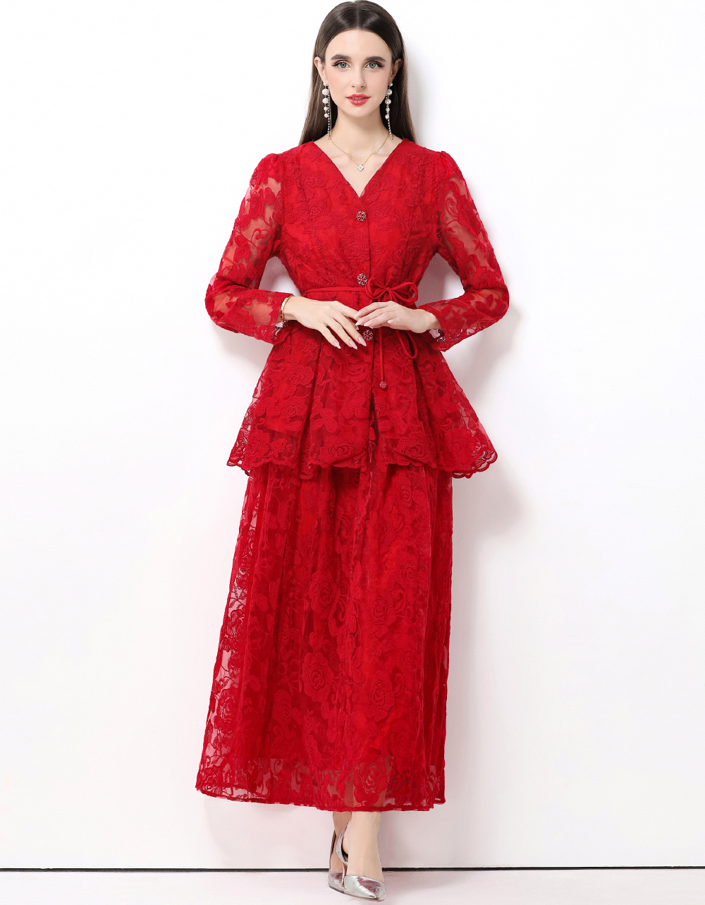MY15413# 法式绑带收腰灯笼袖单排扣刺绣网纱荷叶边长裙套装连衣裙女裝...