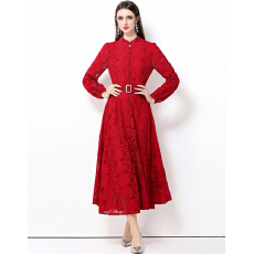 批发实拍法式复古蕾丝立领<b class='q'>灯笼</b>袖连衣<b class='q'>裙</b>女排扣收腰大摆优雅长<b class='q'>裙</b><b class='q'>送腰带</b>