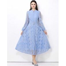 批发实拍法式复古蕾丝立领<b class='q'>灯笼</b>袖连衣<b class='q'>裙</b>女排扣收腰大摆优雅长<b class='q'>裙</b><b class='q'>送腰带</b>