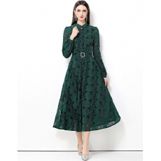 批发实拍法式复古蕾丝立领<b class='q'>灯笼</b>袖连衣<b class='q'>裙</b>女排扣收腰大摆优雅长<b class='q'>裙</b><b class='q'>送腰带</b>