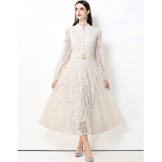 批发实拍法式复古蕾丝立领<b class='q'>灯笼</b>袖连衣<b class='q'>裙</b>女排扣收腰大摆优雅长<b class='q'>裙</b><b class='q'>送腰带</b>