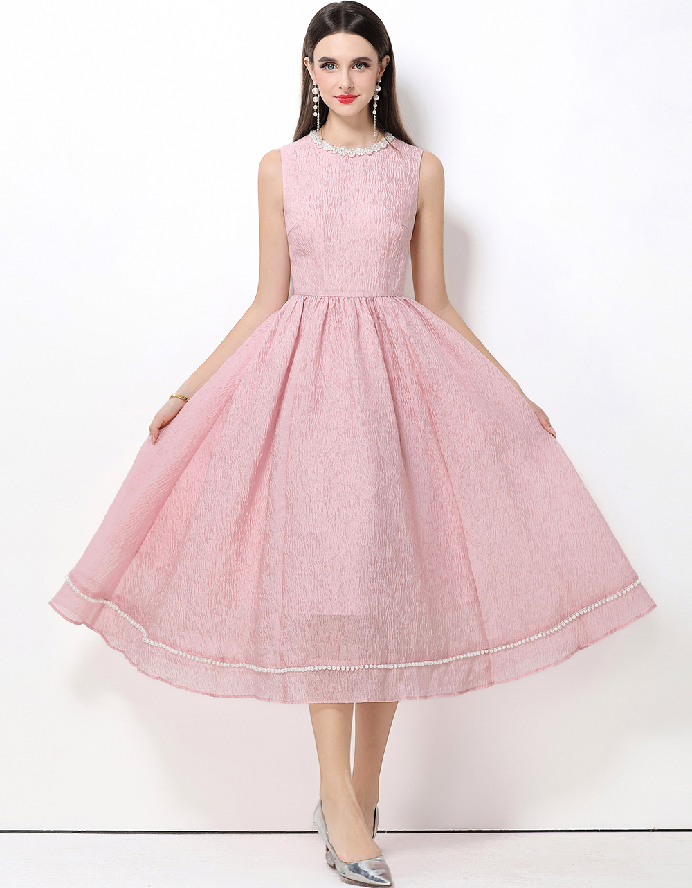 RY2934# 实拍法式复古大气优雅高级感钉珠无袖修身显瘦连衣裙