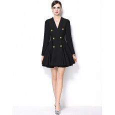 批发实拍黑色V领长袖<b class='q'>连衣裙</b>双排扣收腰<b class='q'>百褶</b>蓬蓬短裙子