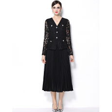 批发实拍法式优雅高级感蕾丝钻扣V领收腰显瘦单排扣<b class='q'>百褶</b><b class='q'>连衣裙</b>