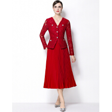 批发实拍法式优雅高级感蕾丝钻扣V领收腰显瘦单排扣<b class='q'>百褶</b><b class='q'>连衣裙</b>