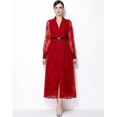 批发实拍重工刺绣<b class='q'>蕾丝</b>灯笼袖立领<b class='q'>连衣裙</b>长袖收腰单排扣<b class='q'>连衣裙</b>送腰带