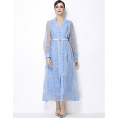 批发实拍重工刺绣<b class='q'>蕾丝</b>灯笼袖立领<b class='q'>连衣裙</b>长袖收腰单排扣<b class='q'>连衣裙</b>送腰带